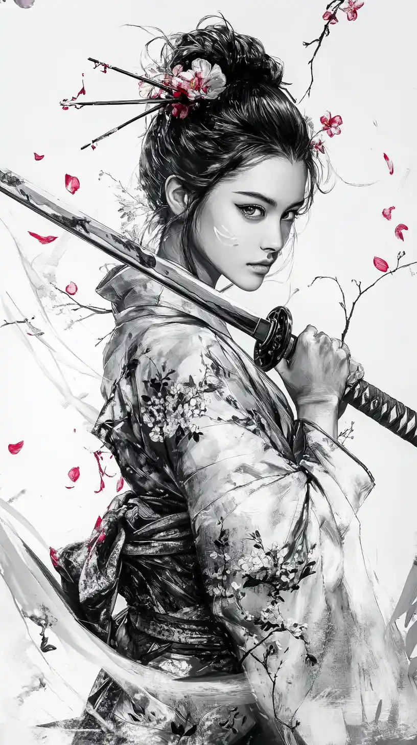 Female samurai in kimono defending with katana amid blossoms