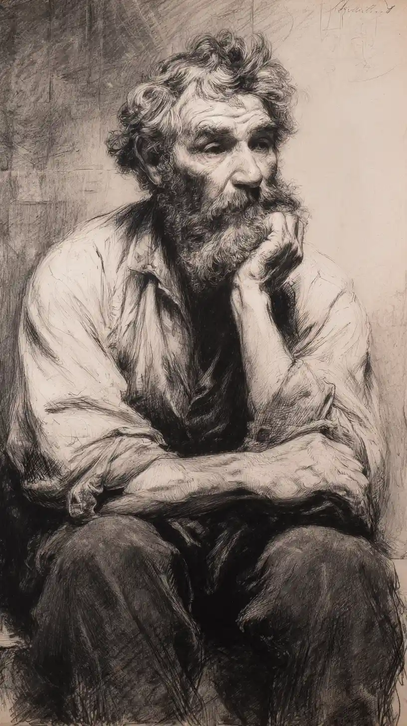 Contemplative old man charcoal portrait with dramatic shadows