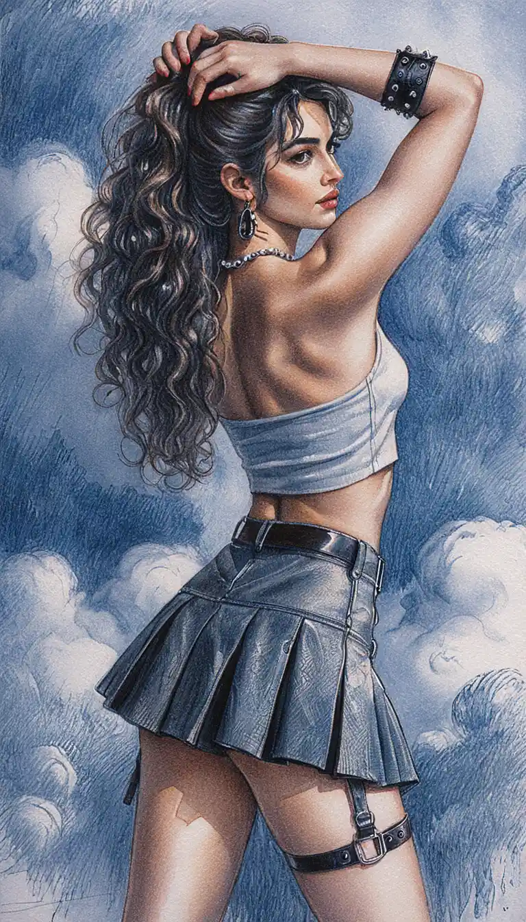 Fit woman adjusting curly hair in traditional drawing