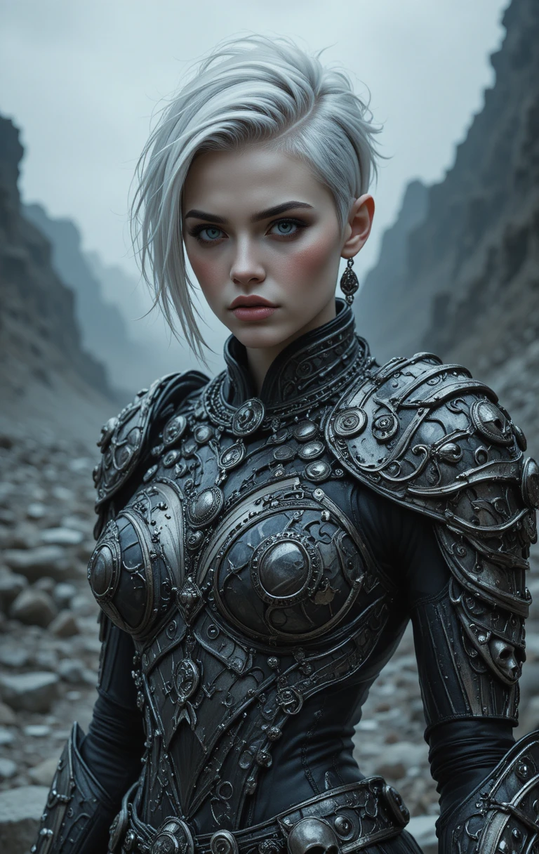 Armored warrior woman in misty rocky fantasy landscape