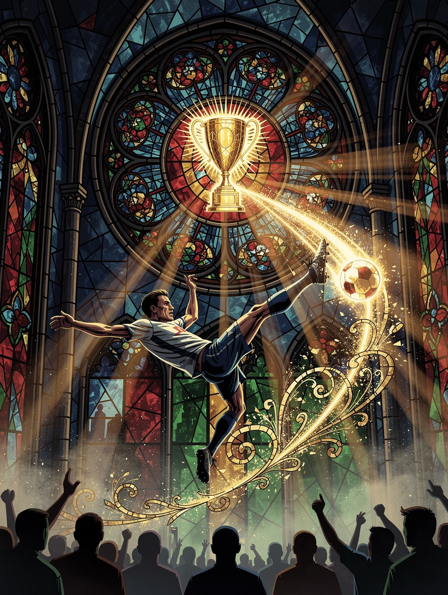 Soccer player bicycle kick in glowing stained glass stadium