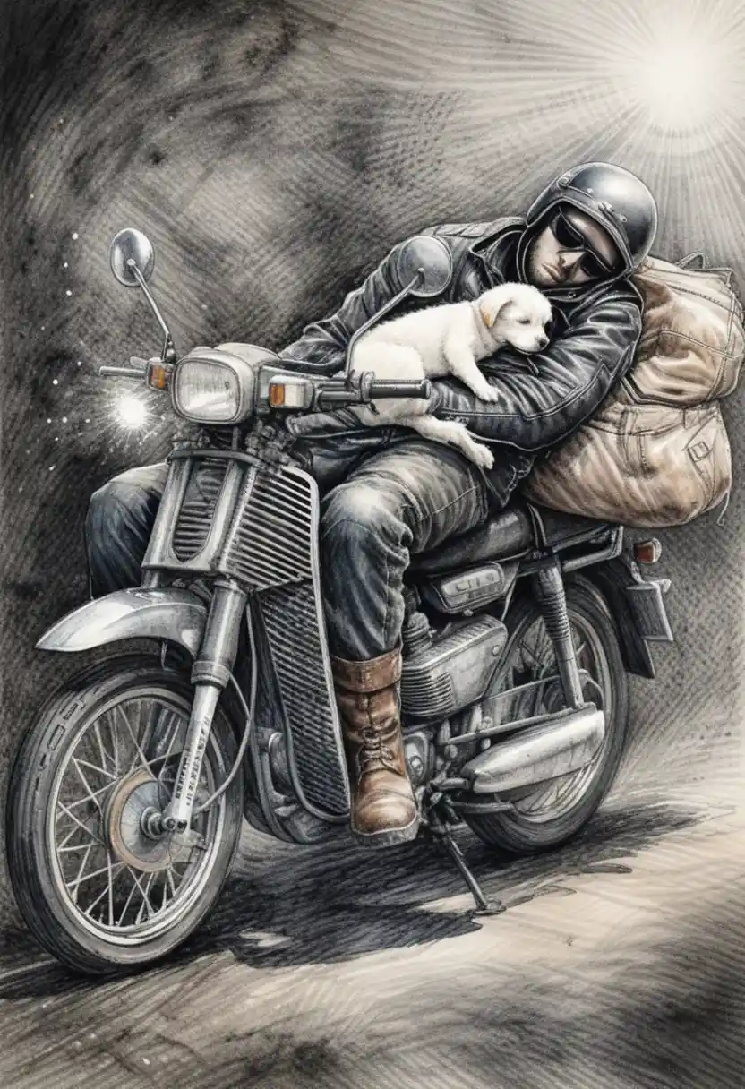 Motorcycle rider sleeping with puppy in ink illustration