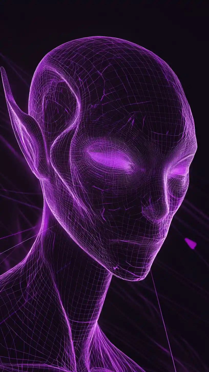 Minimalist neon alien icon on abstract cyber grid background