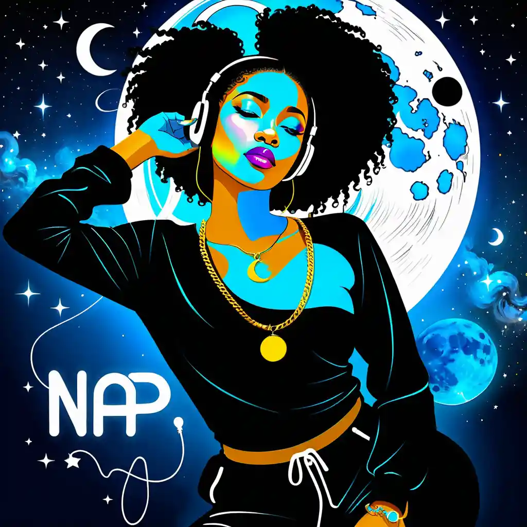 Black woman floating in space with moon chain jewelry