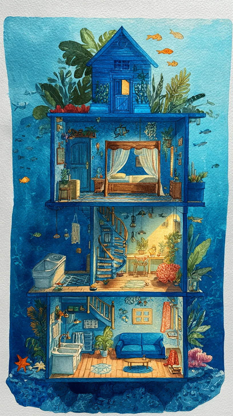 Underwater house cross section with cozy multi level interior