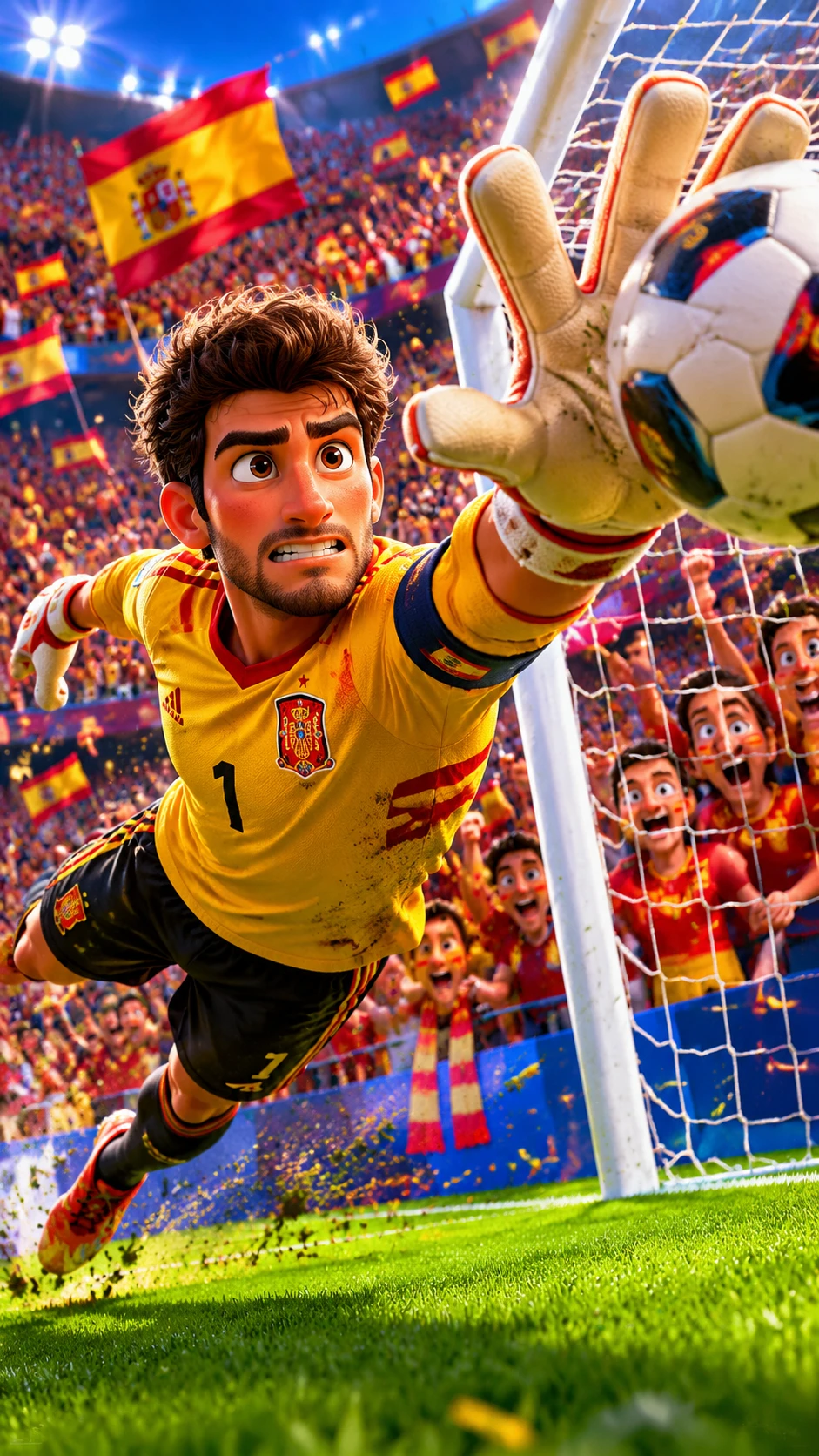 Spanish goalkeeper stopping a shot in a crowded stadium
