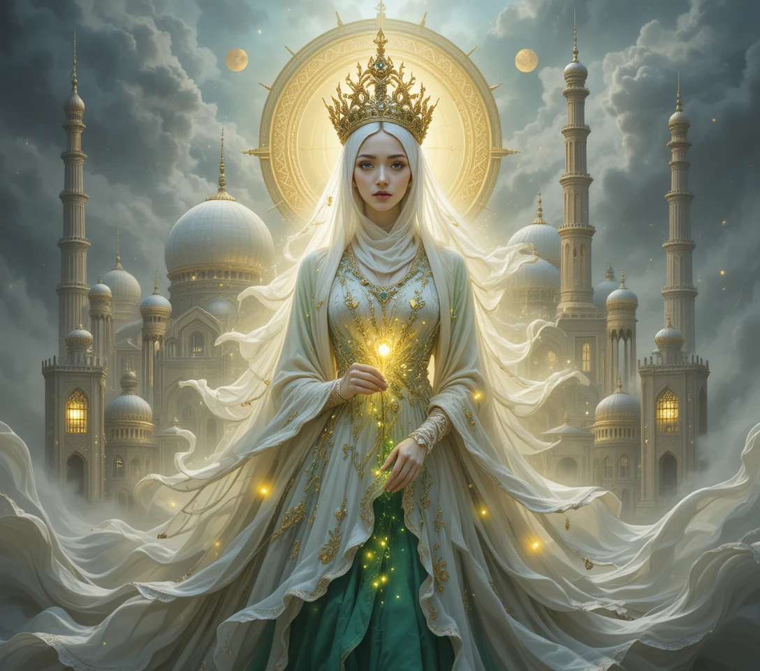 Majestic Muslim queen in white niqab and golden jeweled crown