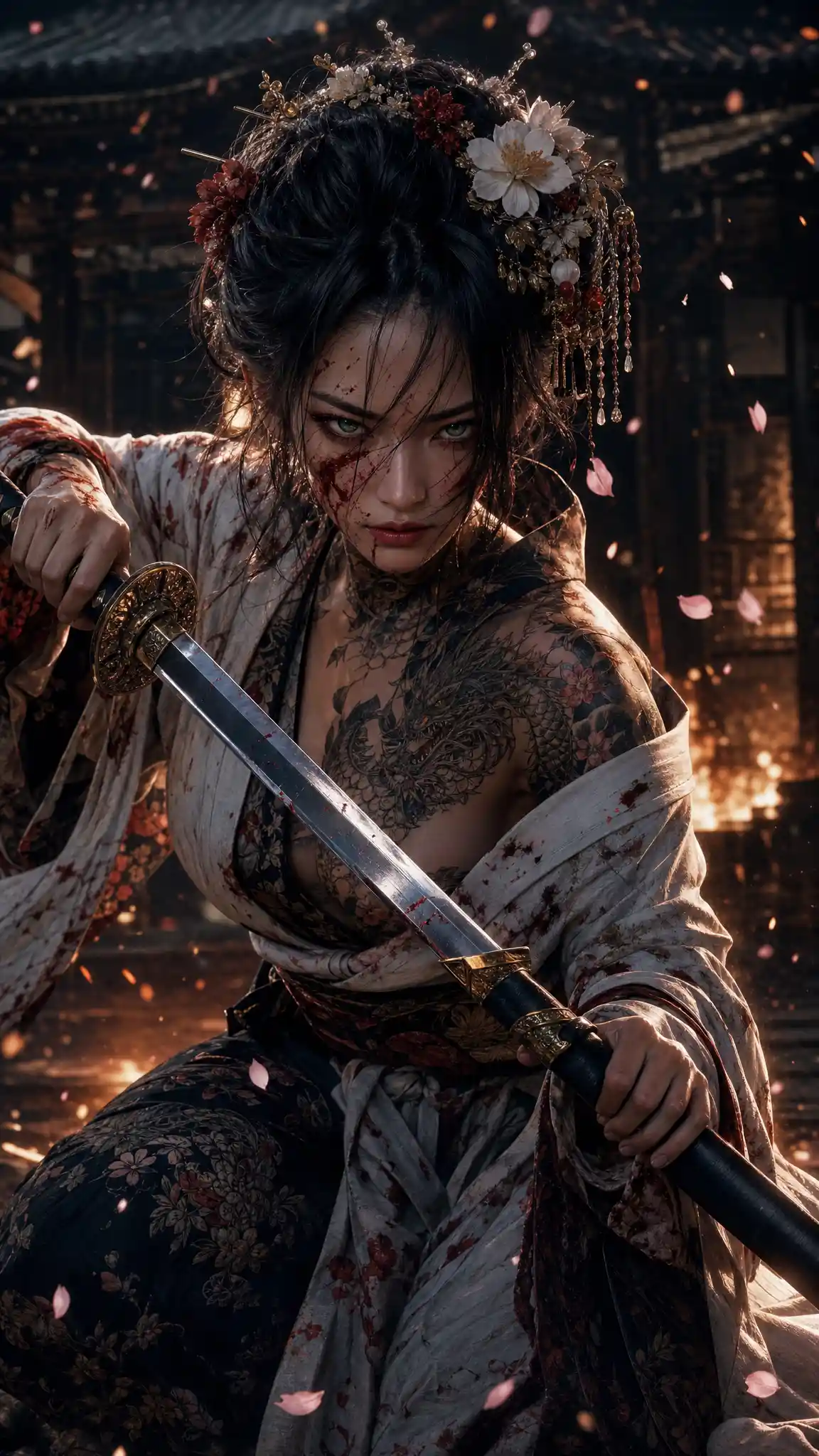 Fierce female samurai drawing her katana amid falling petals
