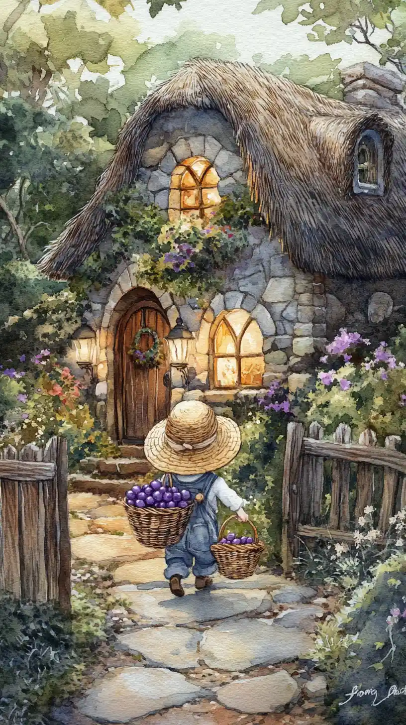 Whimsical watercolor mouse walking to a cozy stone cottage