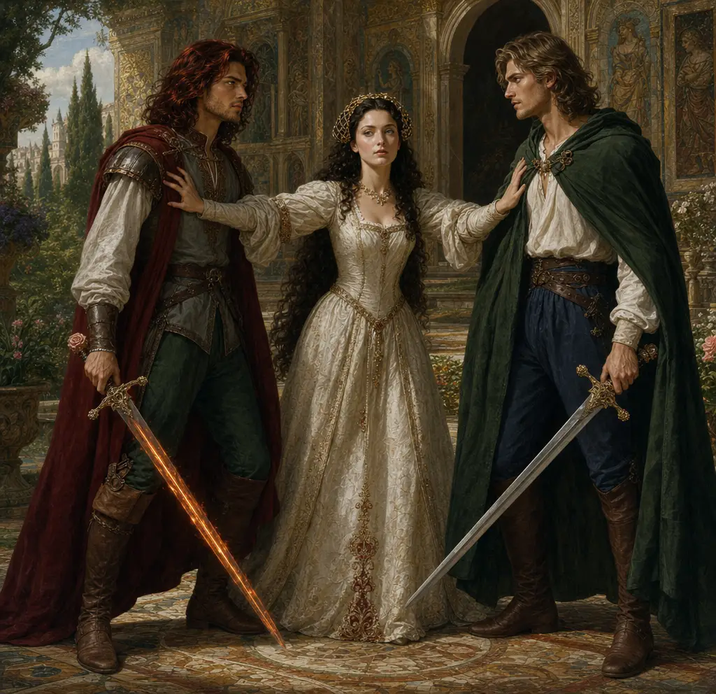 Renaissance duel between two men in a castle garden