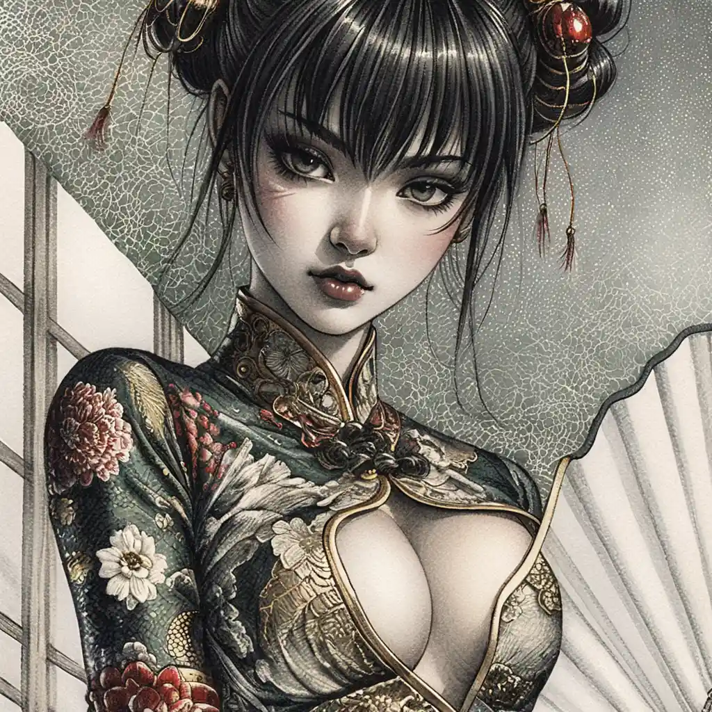 Dark haired woman in emerald cheongsam with fan
