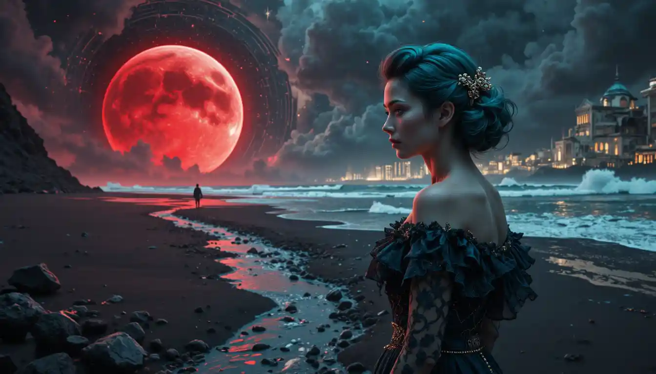 Woman on black sand beach beneath a crimson planet