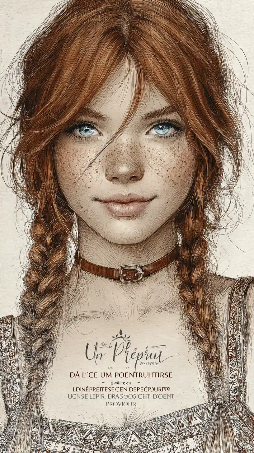 Freckled girl portrait with braided auburn hair illustration