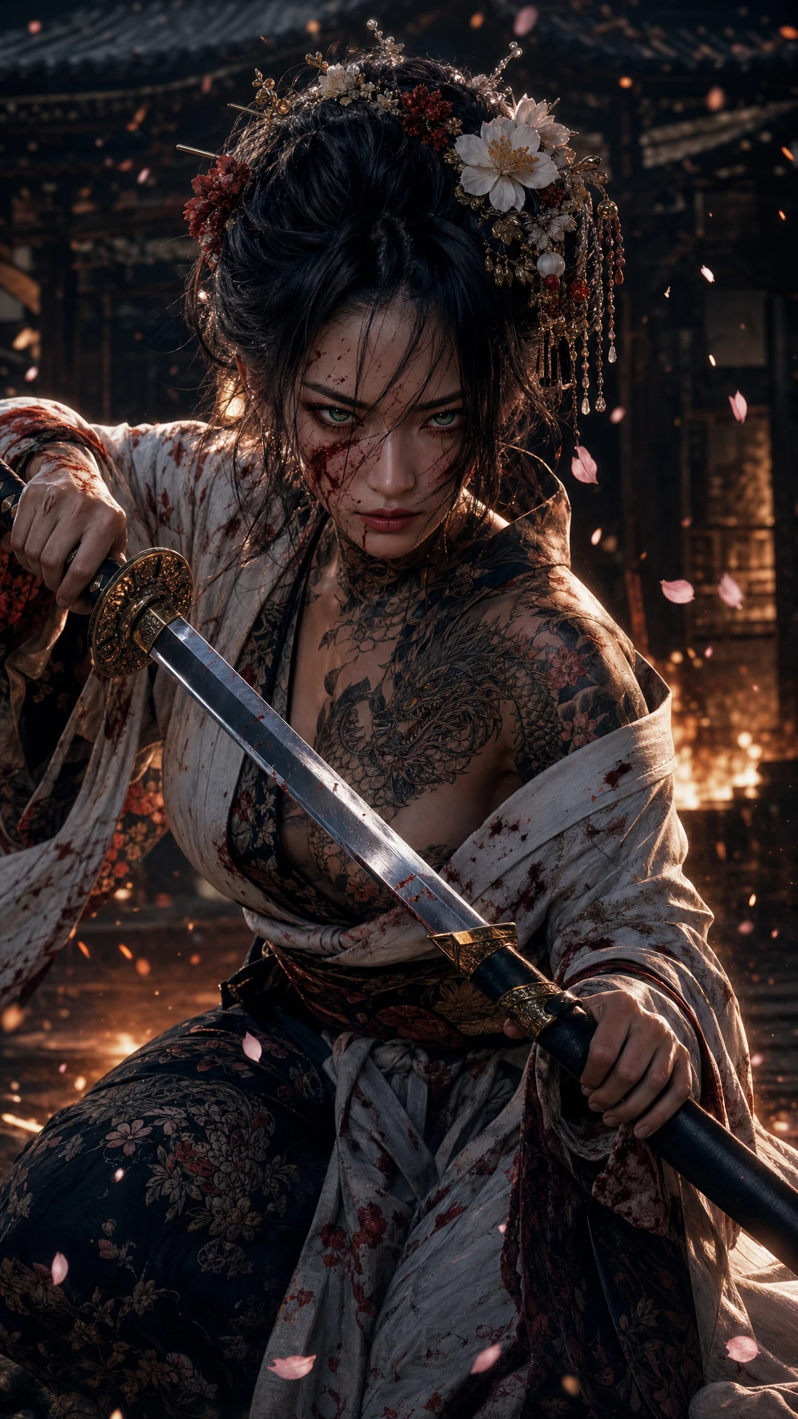 Fierce female samurai drawing her katana amid falling petals