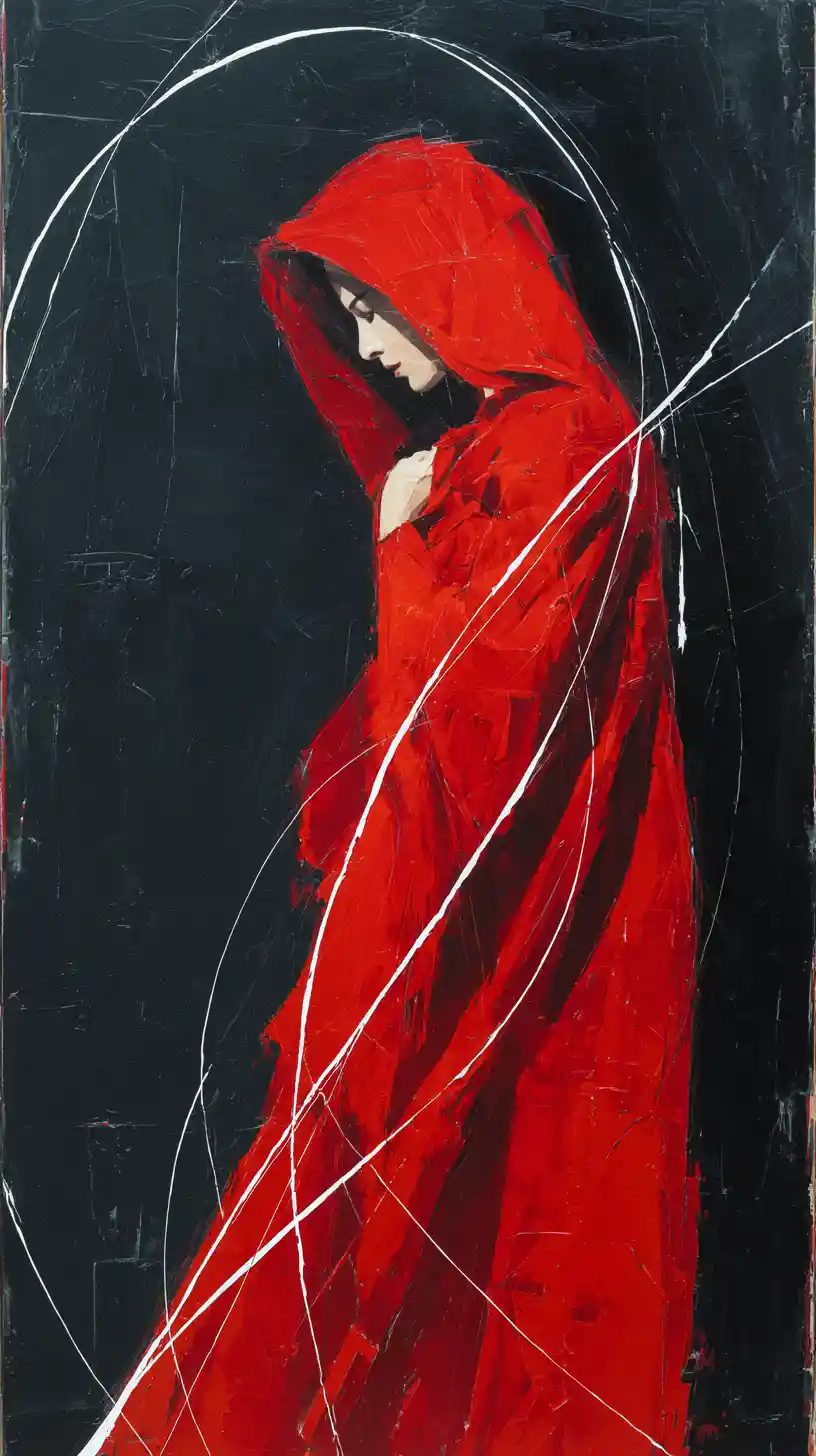 Woman in red shawl emerging from a dark abstract void