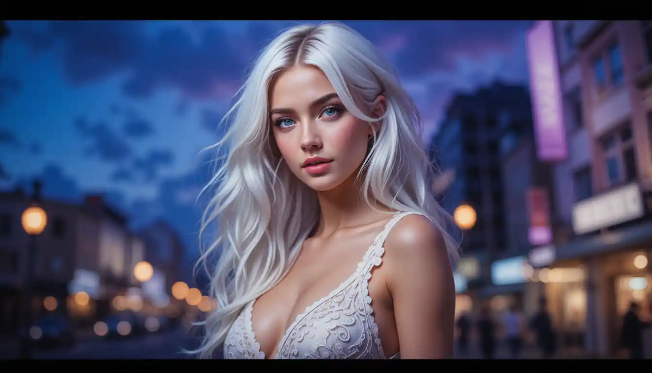 White haired girl with blue eyes in an urban dusk scene