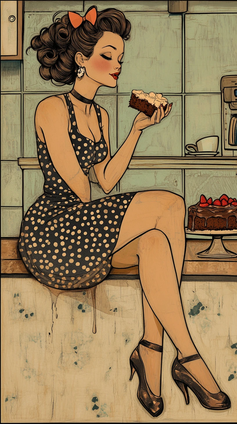 Brunette pin up girl on counter with chocolate cake