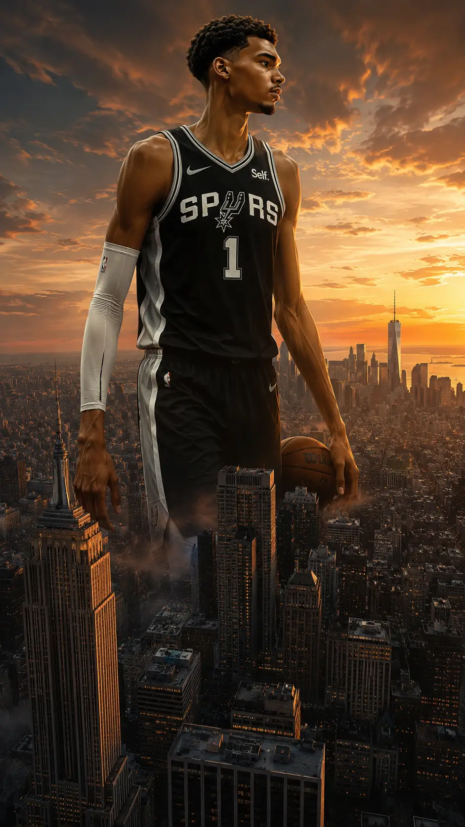 Riesiger Basketballspieler ragt bei Sonnenuntergang über New York City empor
