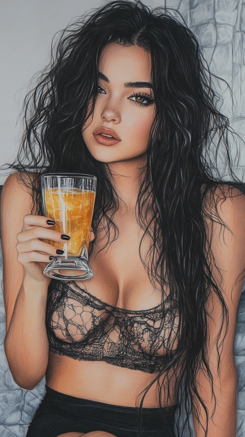 Pensive woman in a bubble bath holding orange juice