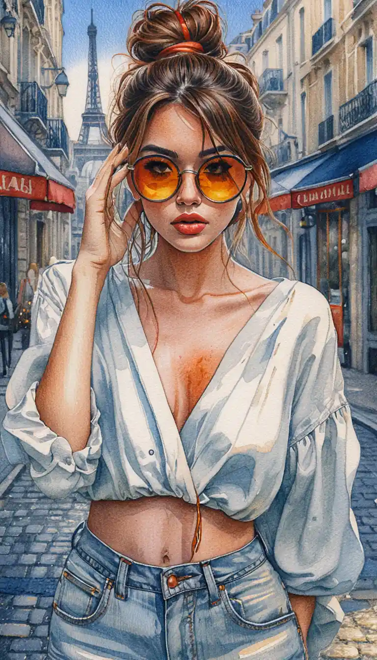 Stylish woman on Paris street in colored pencil illustration