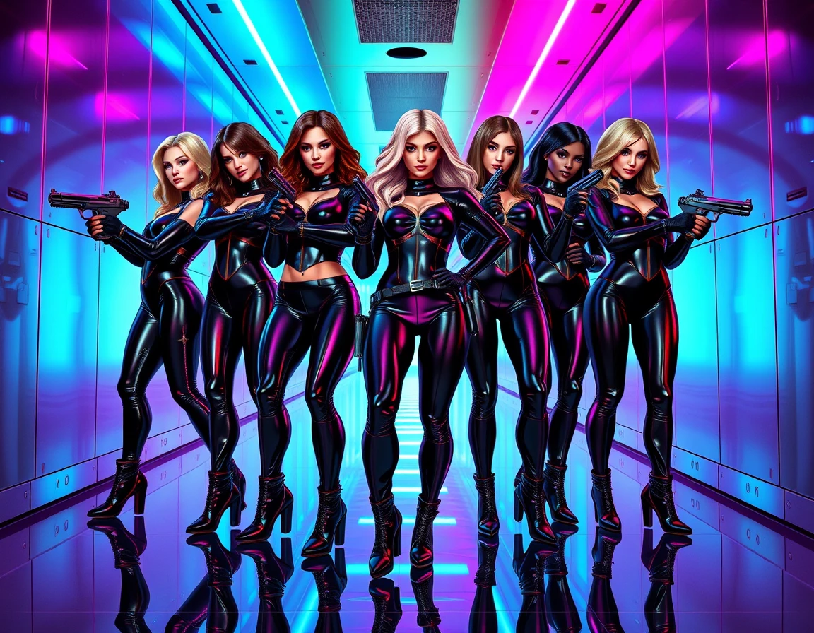 Futuristische Frauen in Latexanzügen im neonbeleuchteten Sci-Fi-Korridor