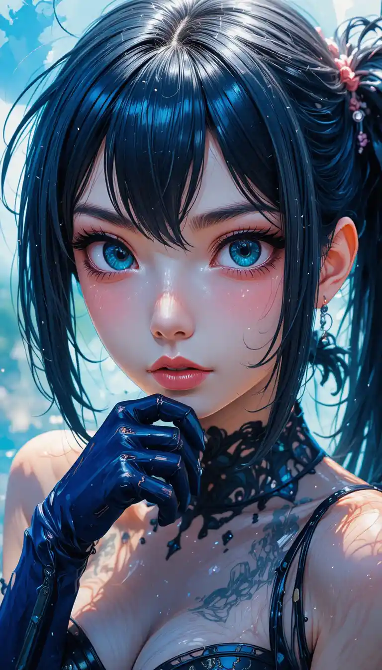 Anime girl with dark blue gloves in vibrant oil painting
