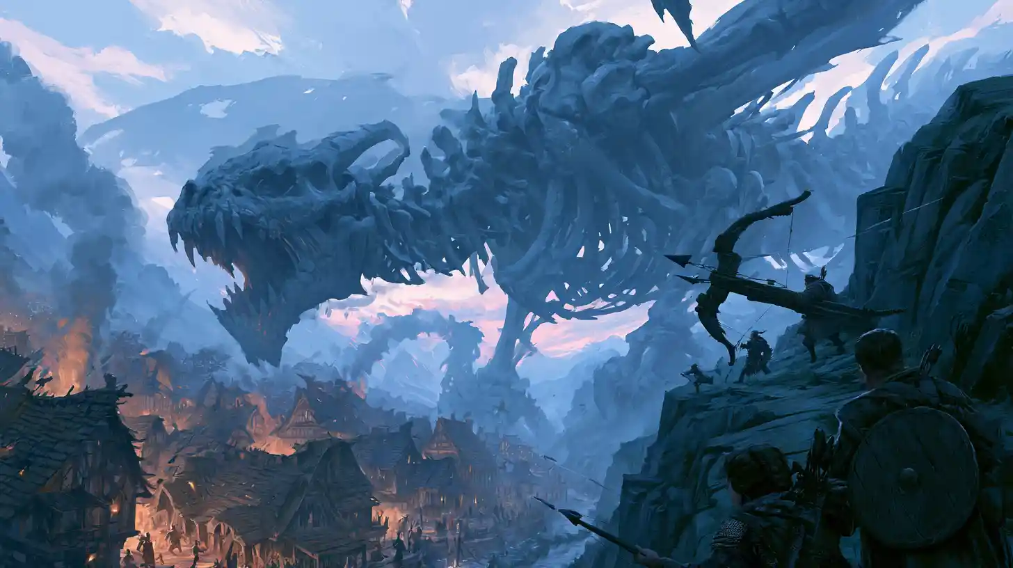 Bone dragon attacking an ancient fantasy village at night
