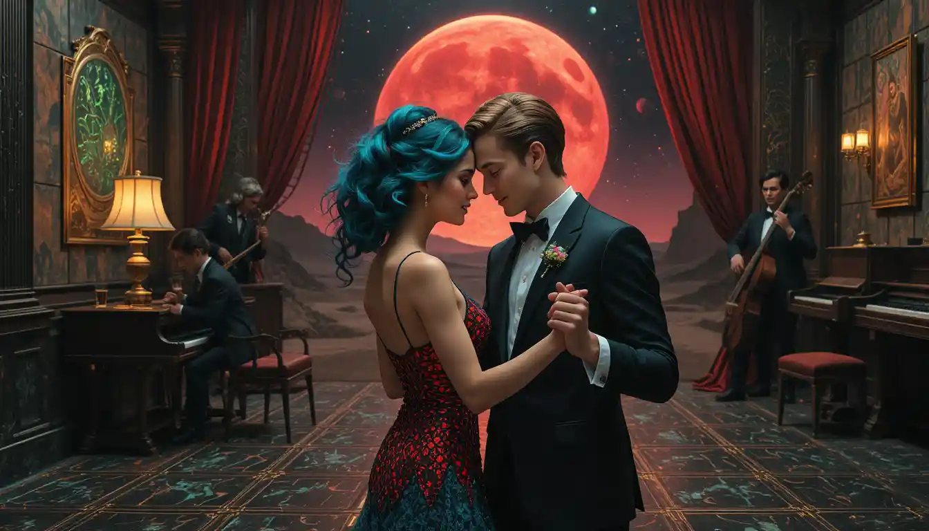 Romantic couple dancing closely in a dim vintage ballroom