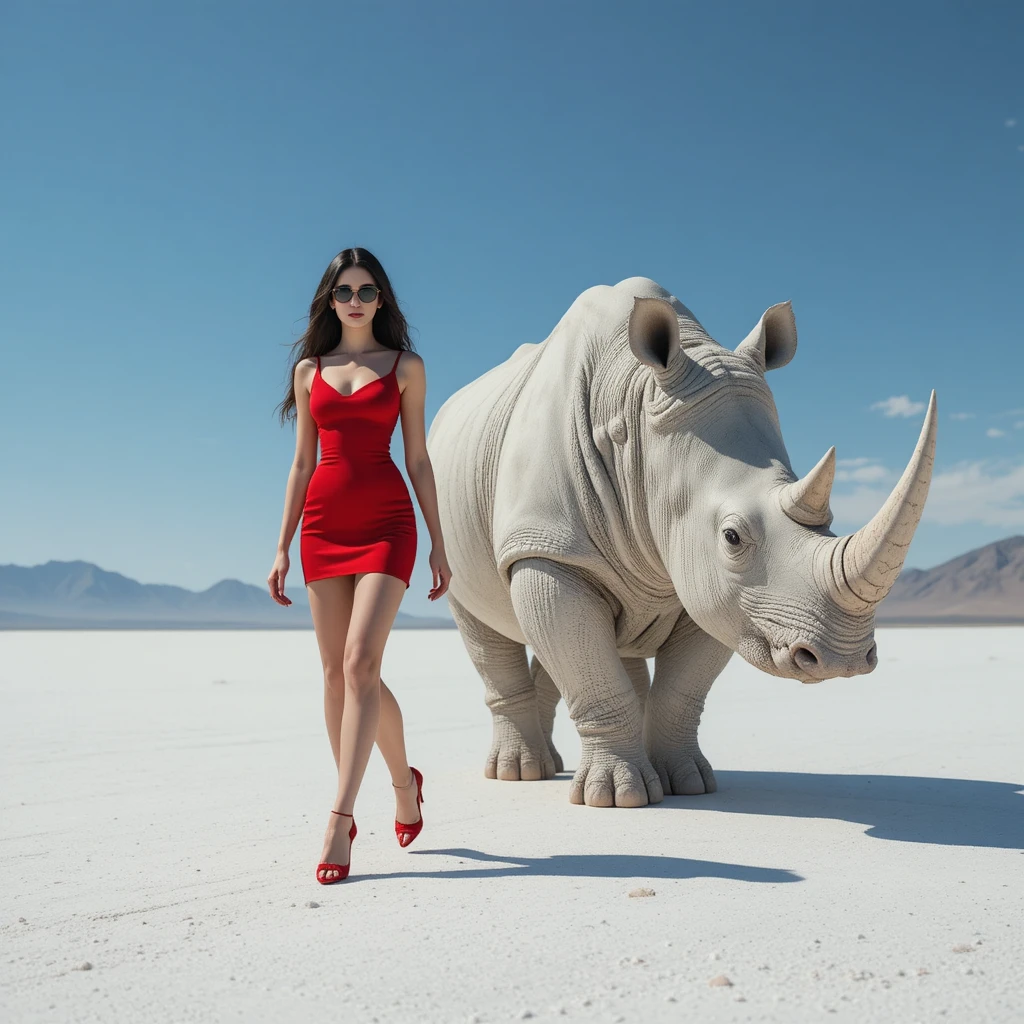 Stylish woman walking beside rhinoceros on white desert