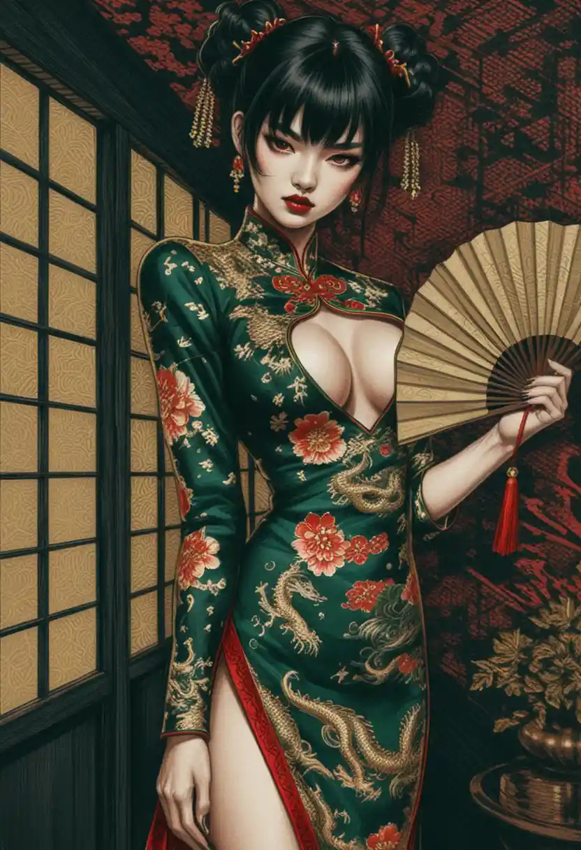 Dark fantasy woman in emerald cheongsam with fan