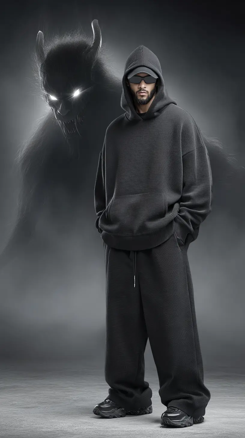 Cinematic portrait of man in black streetwear with smoke demon