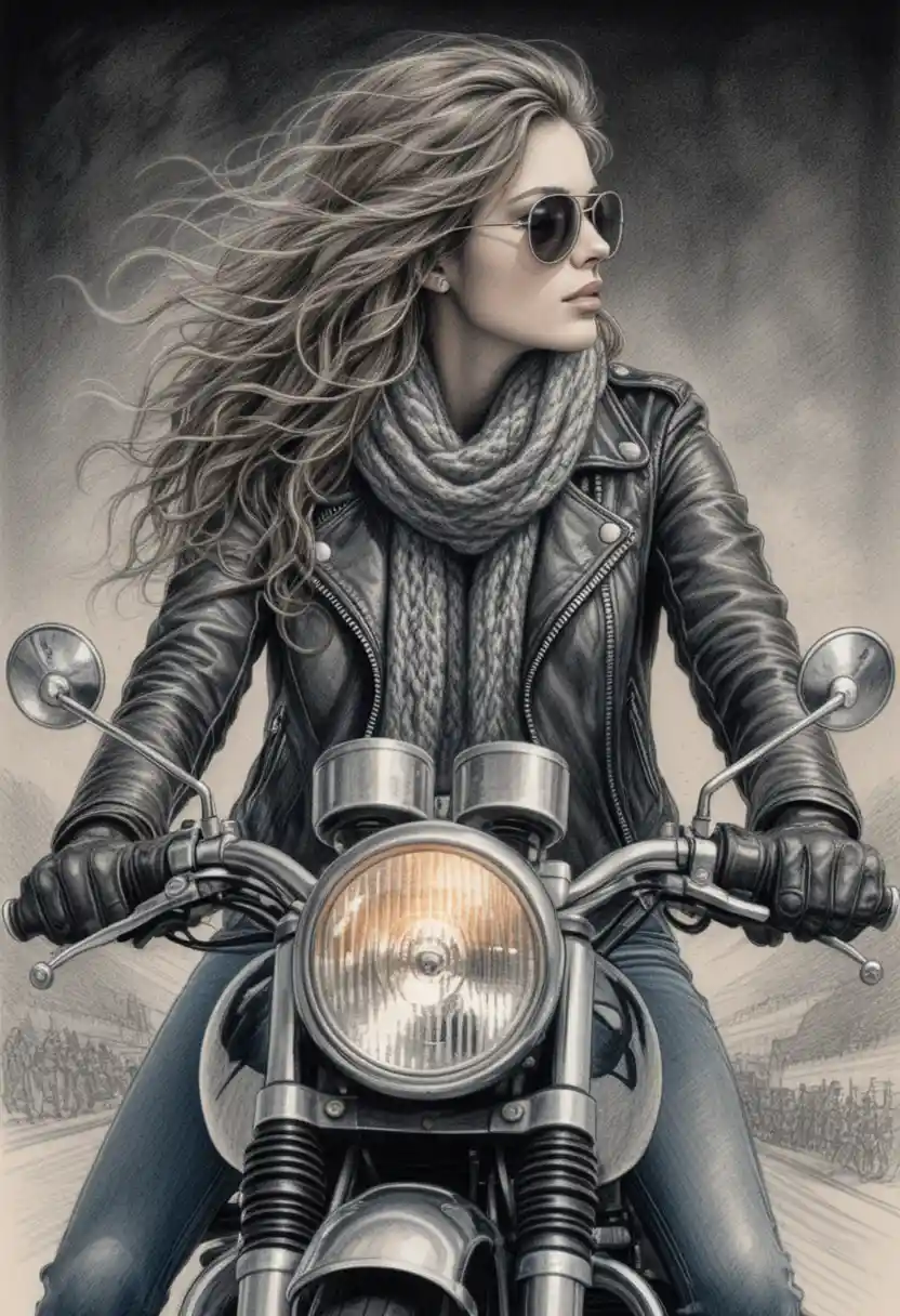 Young woman riding a vintage motorcycle toward the viewer