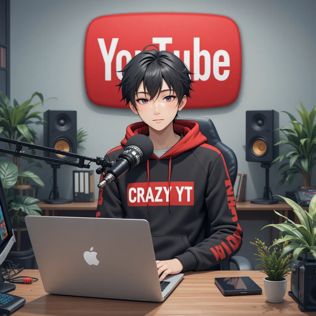 Anime boy streamer at computer desk with microphone