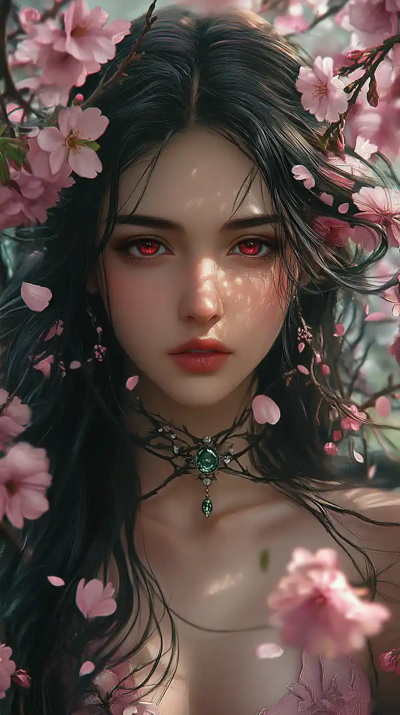 Kirschblüten-Mädchen in einem ätherischen Fantasy-Porträt