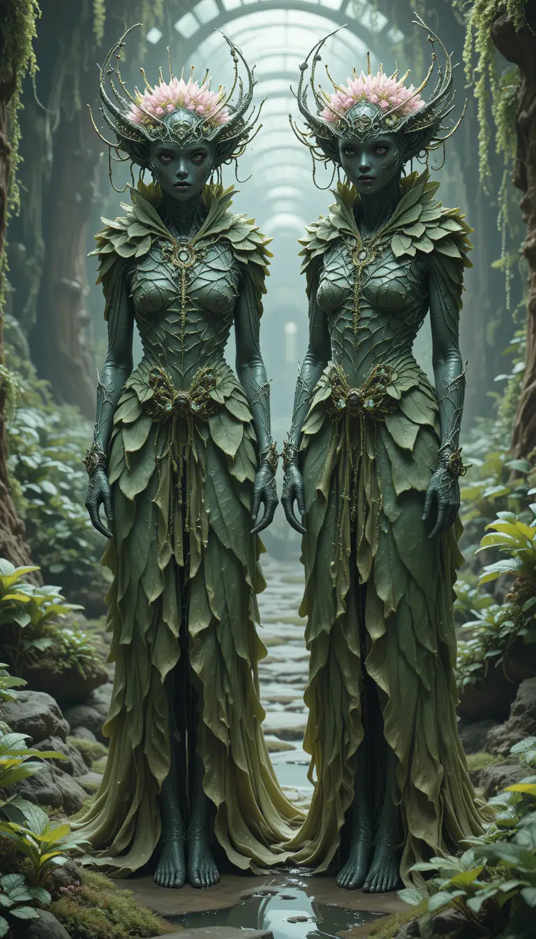 Elegant latex clad humanoids in a living alien sanctuary