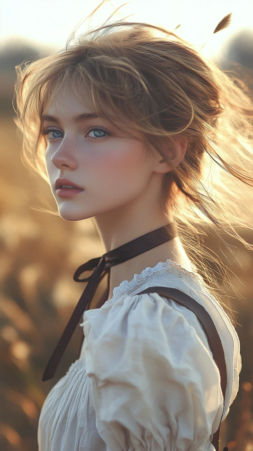Blonde girl in profile glowing in warm field sunlight