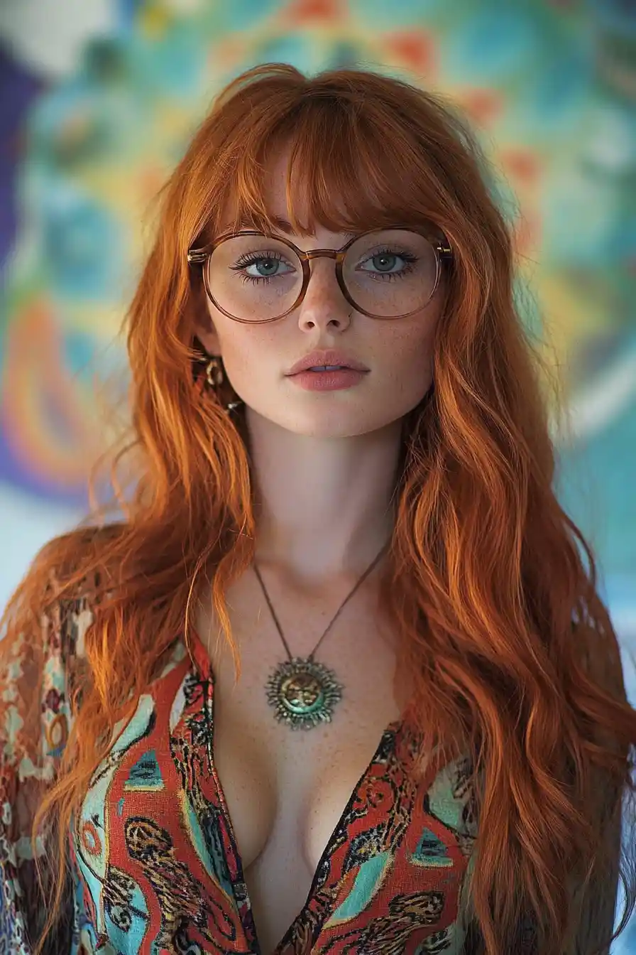 Mystical ginger haired woman in vibrant nordic druidic fashion