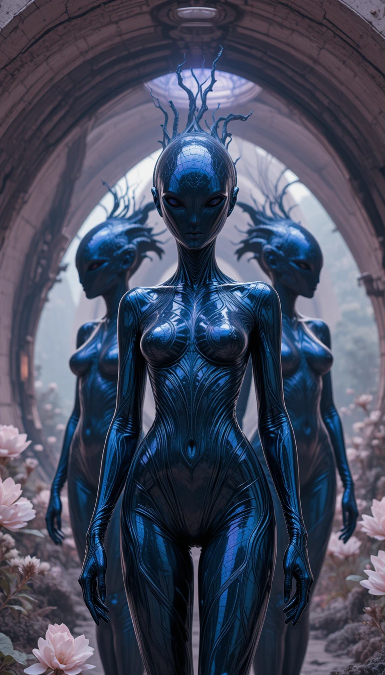 Futuristic council in organic alien city chamber