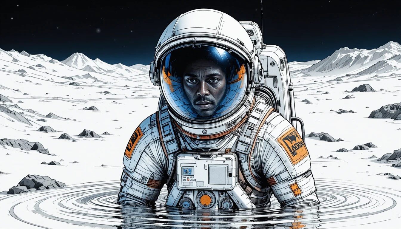 Astronaut floating in dark ocean under starry night sky