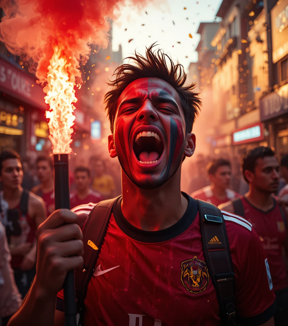 Passionate soccer fan roaring with a flare in city streets