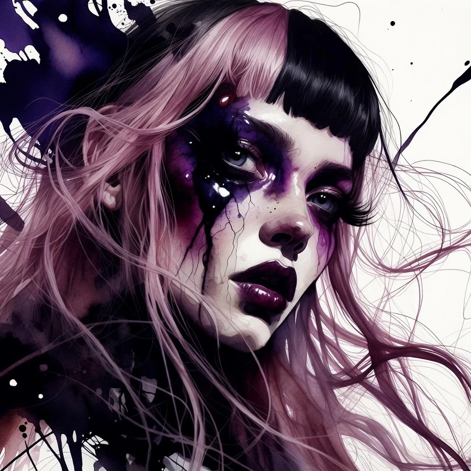 Extreme close up portrait of a goth woman with pink hair