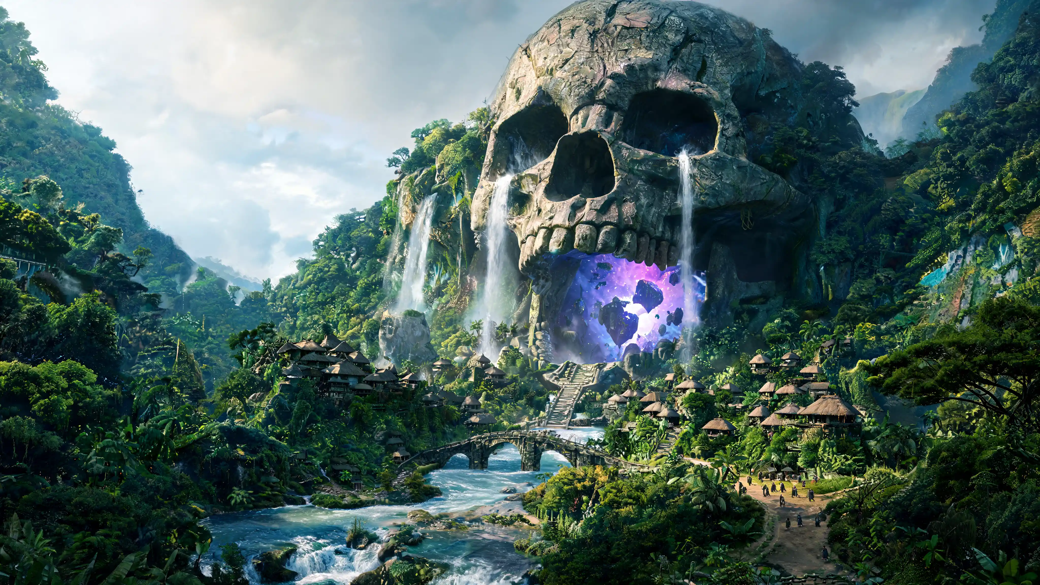 Gigantic skull mountain rising above an ancient jungle river