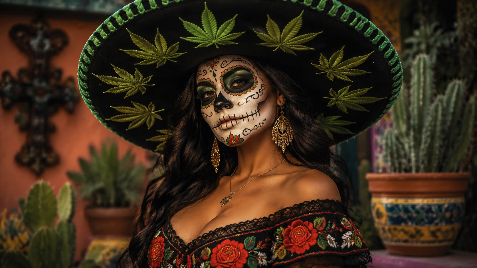 Mexican woman in sombrero with Day of the Dead face paint