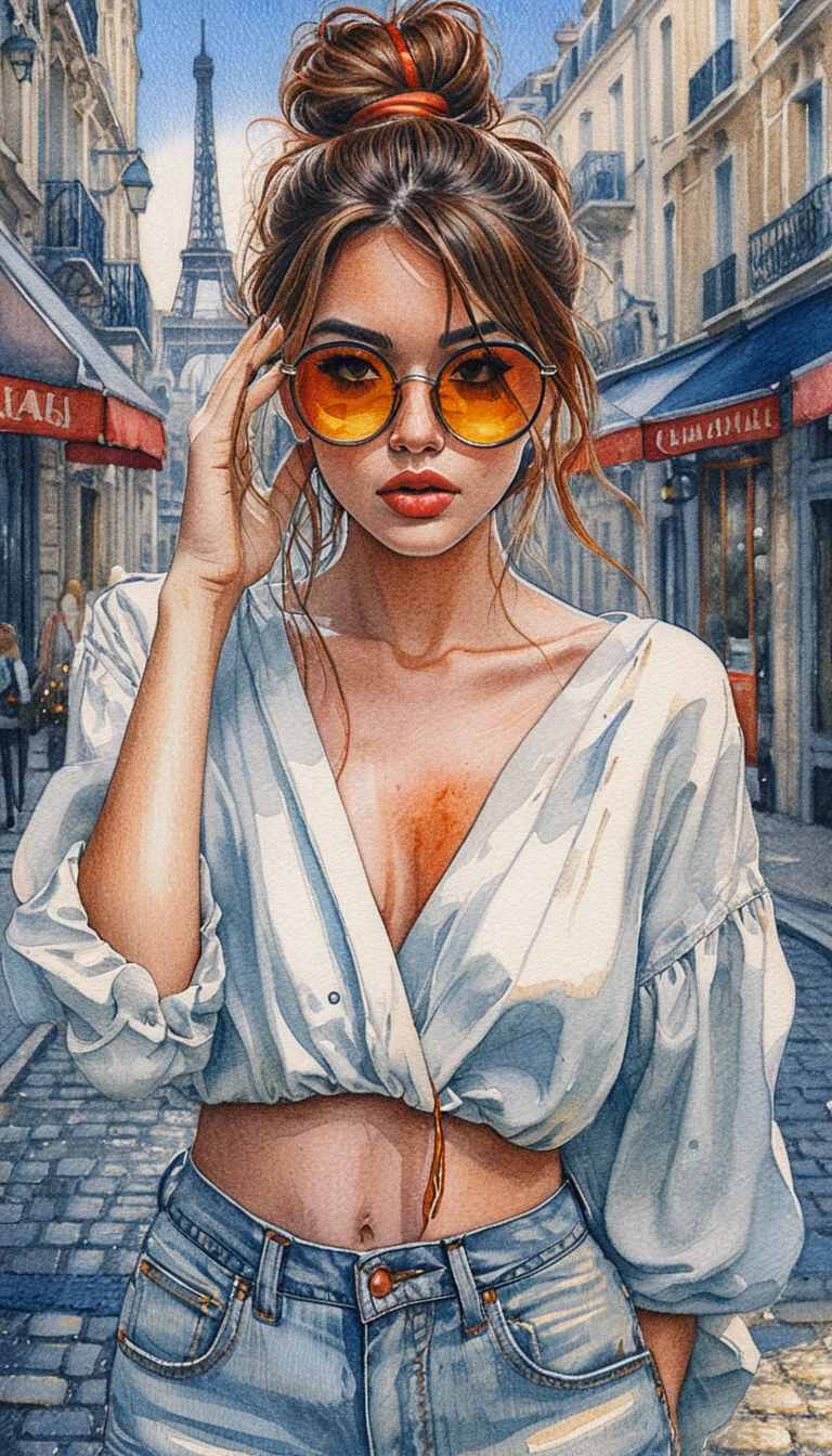 Mulher estilosa em rua de Paris em ilustração a lápis de cor