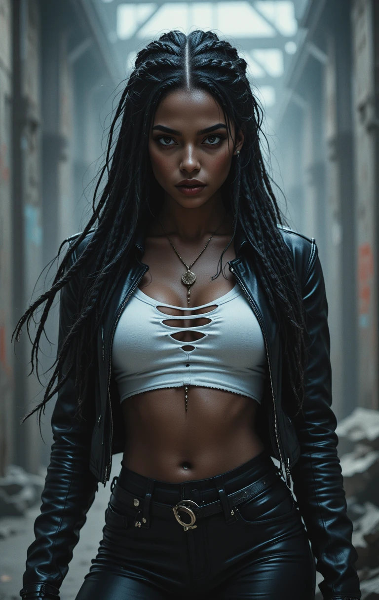 Fierce dark skinned woman in black leather outfit