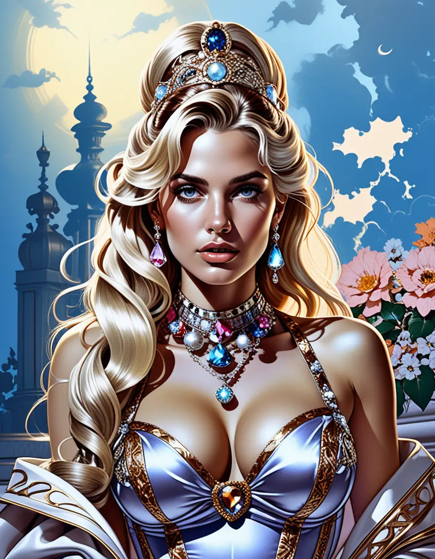 Glamorous platinum blonde courtesan in dark boudoir scene
