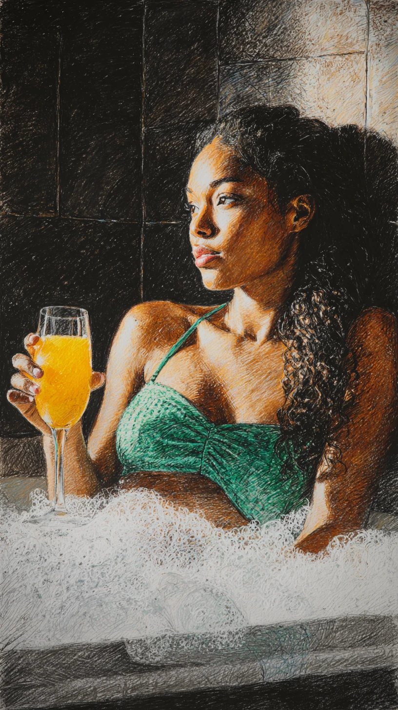 Black woman relaxing in a foamy bathtub with wine glass