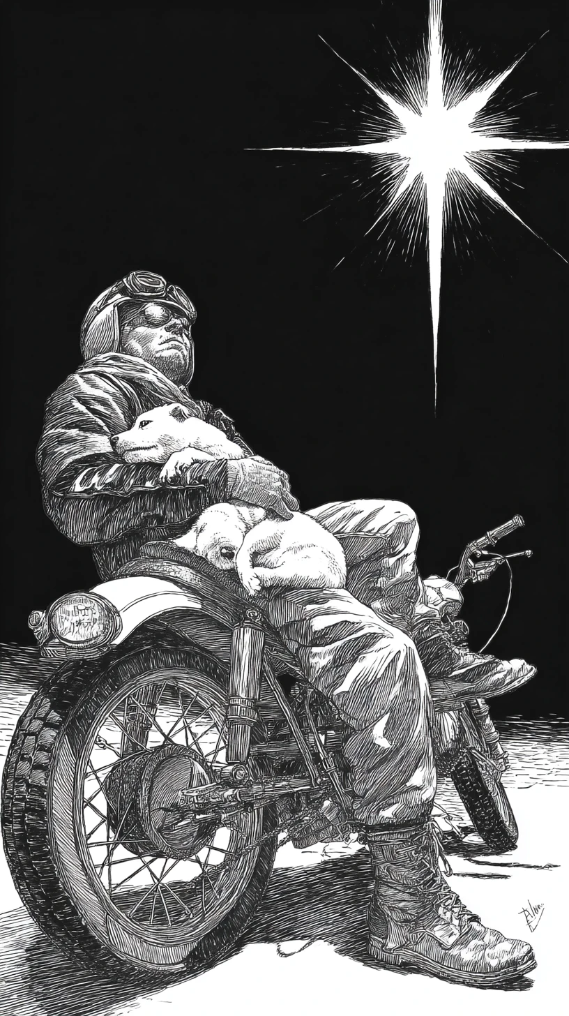 Tired rider sleeping on vintage motorcycle with puppy