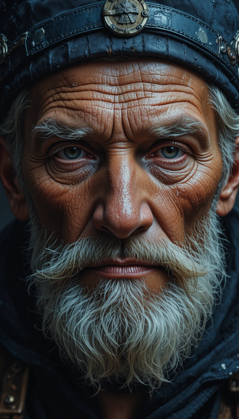 Weathered old sailor portrait in textured oil paint chiaroscuro