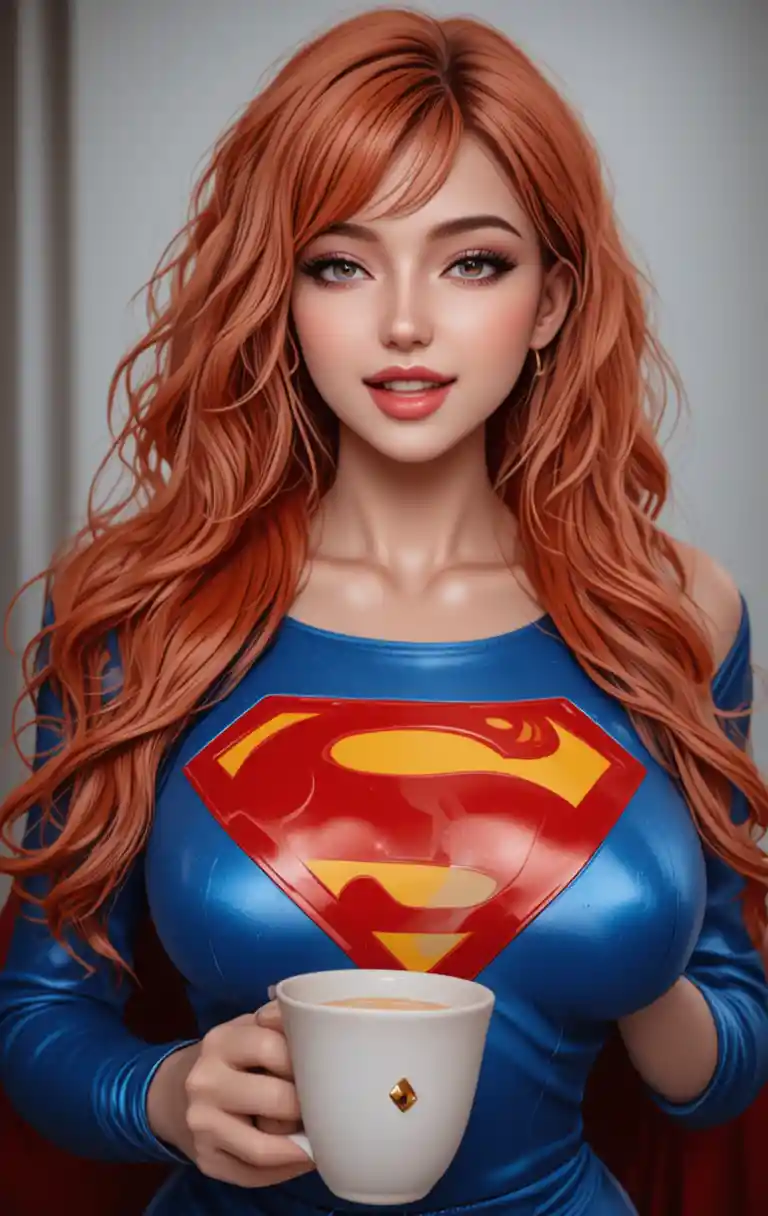 Glamorous Super Heroine With Flowing Red Hair And Coffee